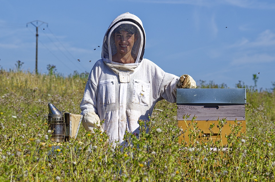 Une apicultrice, en tenue, au milieu de ses ruches.