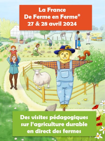 Affiche officielle de ferme en ferme édition 2024. Un épouvantail accueille des familles qui visite une ferme.