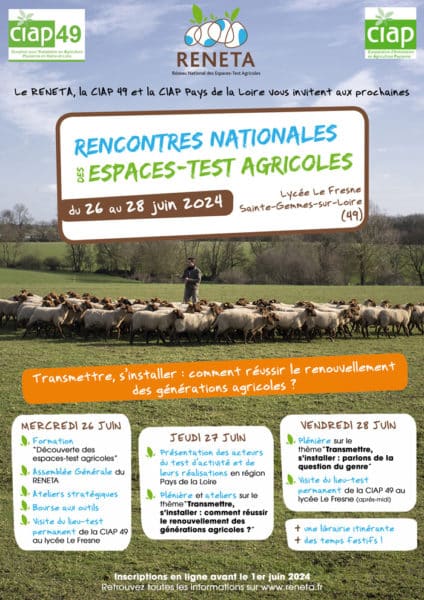 Les Rencontres Nationales 2024 des Espaces-test agricoles (Renata) auront lieu du mercredi 26 au vendredi 28 juin 2024 à Sainte-Gemmes-sur-Loire